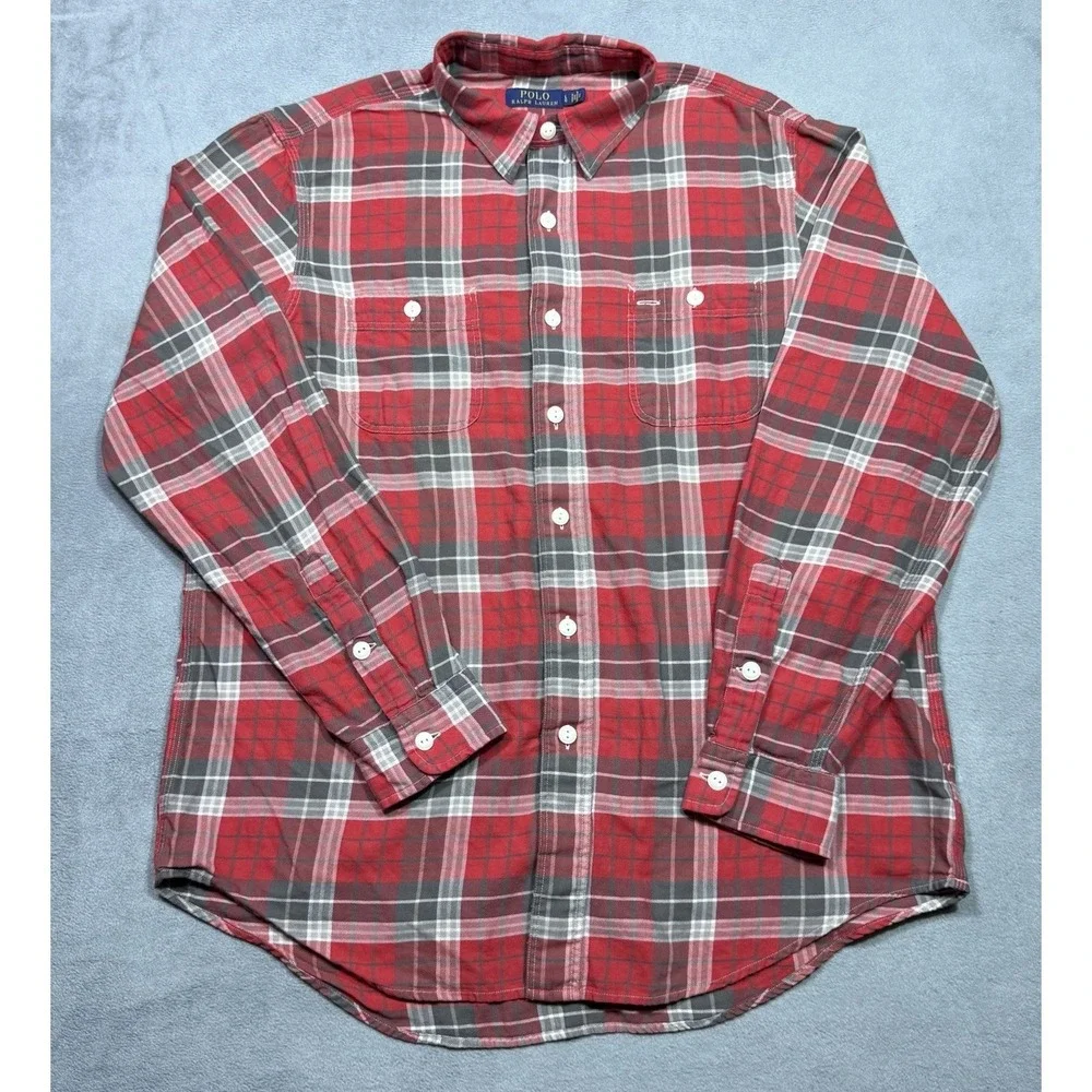 Polo Ralph Lauren Slim Fit Flannel Shirt Mens L Madras Plaid Cabincore Woodsy